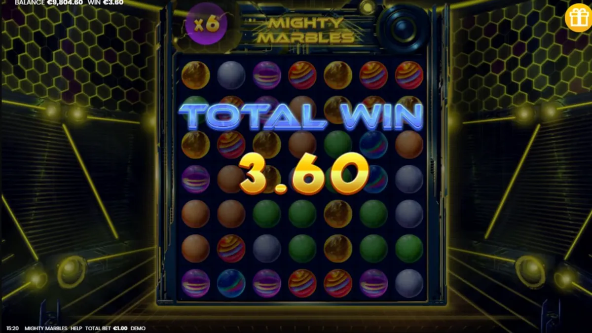 Tampilan visual slot Mighty Marbles dengan tema kosmik neon