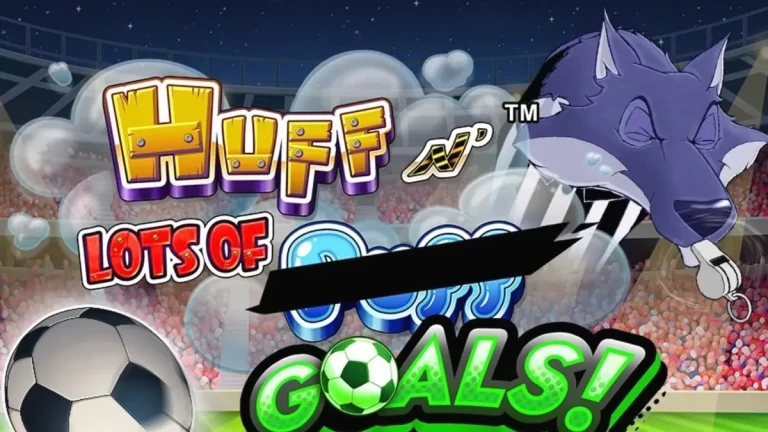 Tampilan visual slot Huff N' Lots of Goals dengan tema sepak bola dan babi kecil