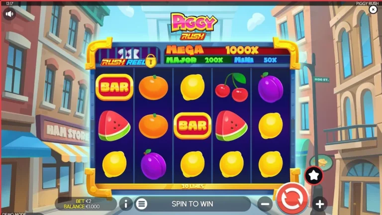 Tampilan visual slot Piggy Rush dengan tema pertanian dan babi lucu