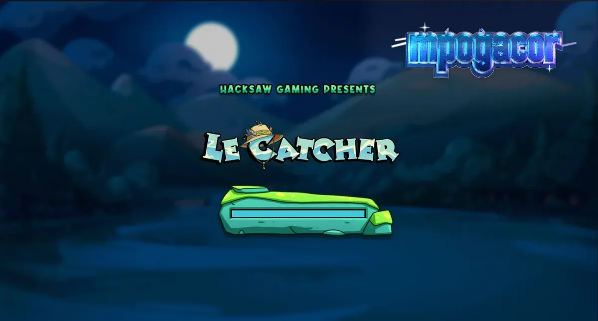 Tampilan visual slot Le Catcher dengan karakter raccoon memancing di malam hari